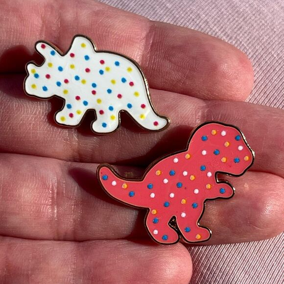 Dinosaur Frosted Animal Cookies Set of 2 Pink and White Enamel Pins - Picture 3 of 9